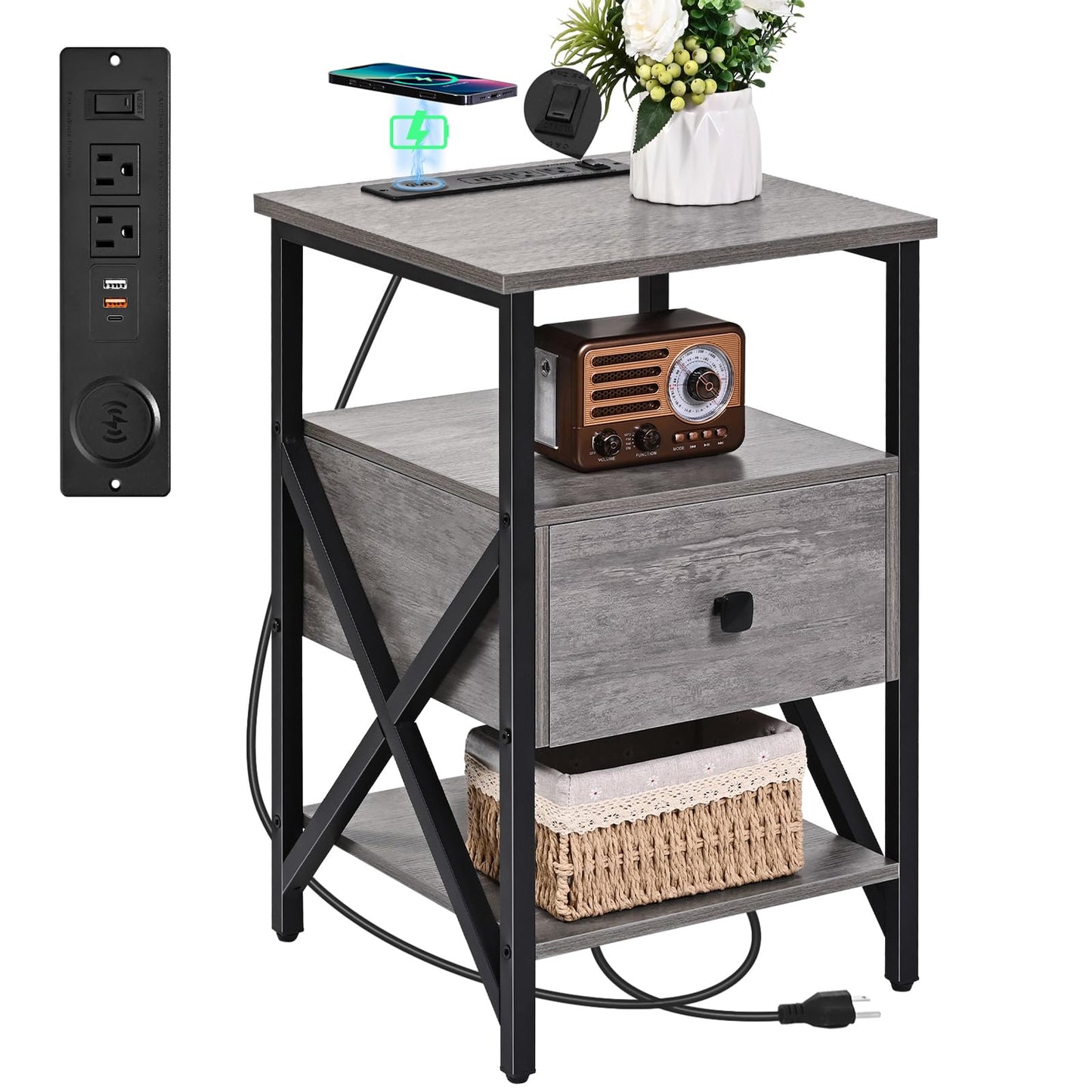 Livofloral Side Tables with Wireless Charging Station Grey End Tables Living Room with Charging Side Tables with Wood Drawer Night Stands with Storage for Bedroom Bedside Tables Living Room