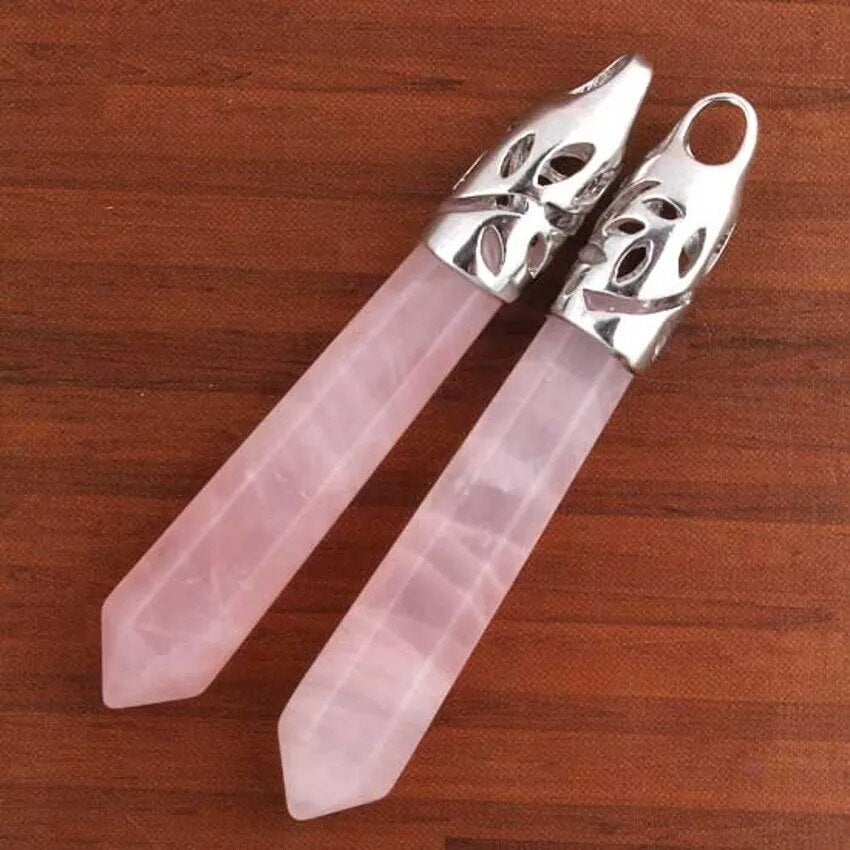 Silver-Plated Rose Quartz Hexagon Pendulum Pendant Necklace – Reiki Healing Crystal Jewelry
