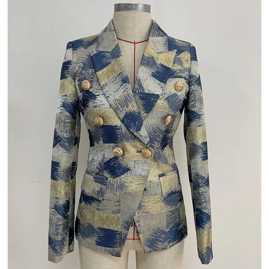 HIGH QUALITY New Fashion 2023 Designer Blazer Jacket Women's Lion Metal Buttons Double Breasted Colors Painting Jacquard Blazer