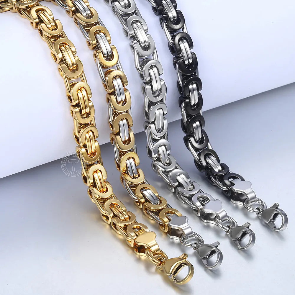 Men's Stainless Steel Byzantine Link Chain Bracelet – Gold, Black & Silver