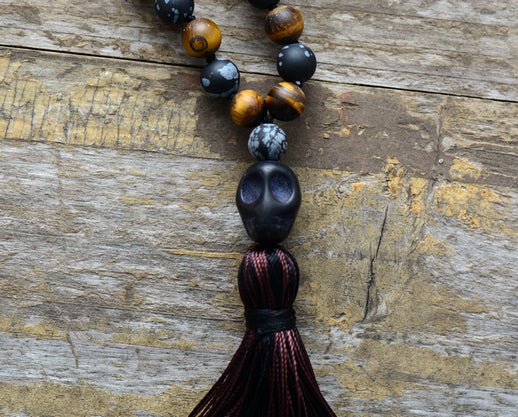 Men Necklace 8MM Matte Tiger Eye Stone with Skull