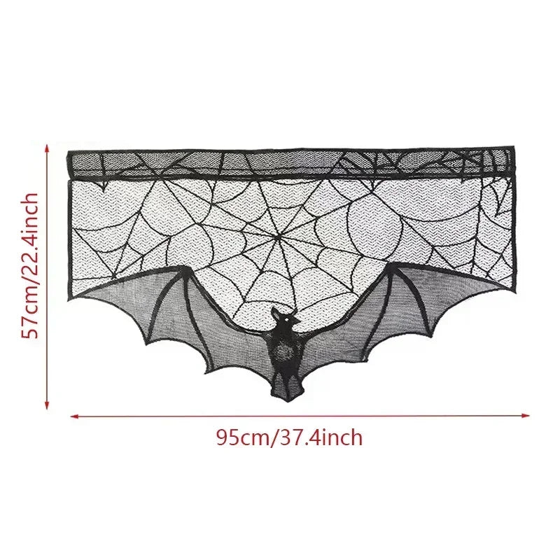Halloween Lace Curtains Black Bat Tablecloth Hearthstone Scarf Cover Family Room Spider Web Horror Decoration Party Decoration