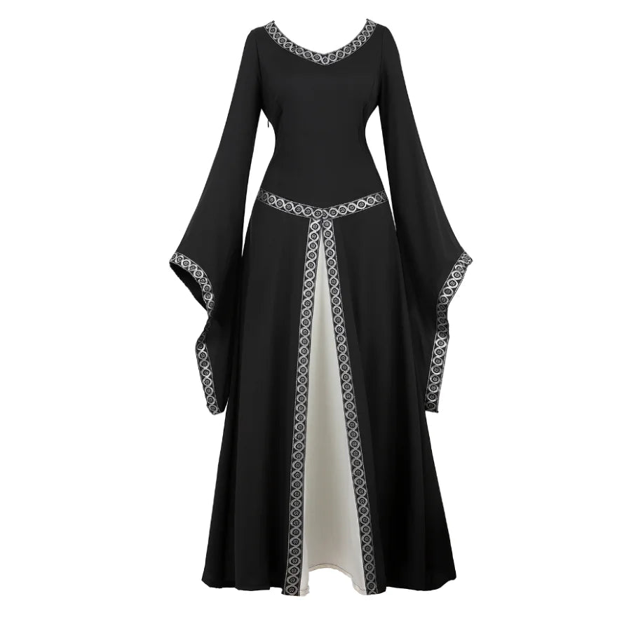 Women Medieval Renaissance Trumpet Sleeve Retro Loor Length Gown Lace Trim Irish Over Long Dress Halloween Costume Plus Size