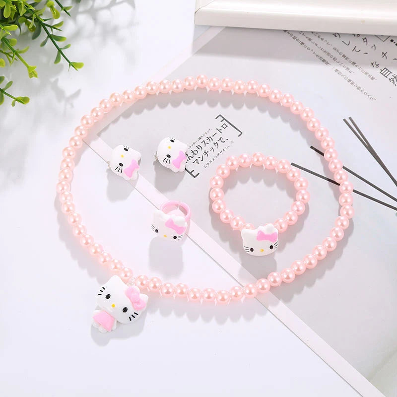 4pcs/set Sanrio Cartoon Hello Kitty Necklace Finger Ring Bracelet Set Kawaii Birthday Gifts For Girls Jewelry Accessories
