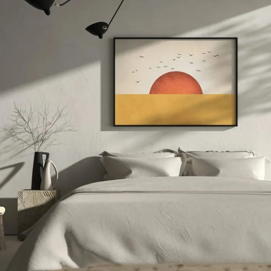 Yellow Flock of Birds Wall Cavans Art, Orange Sun Art Print, Japandi Wall Art, Abstract Landscape, Living Room Decor, Wall Art