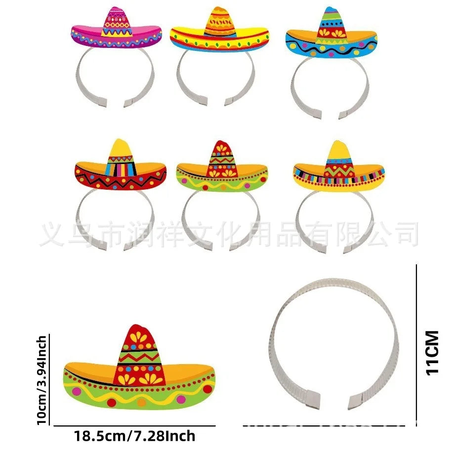 6Pcs Mexican Fiesta Paper Headband Hat Cinco De Mayo Theme Photo Props for Birthday Day of The Dead Halloween Party Decorartion