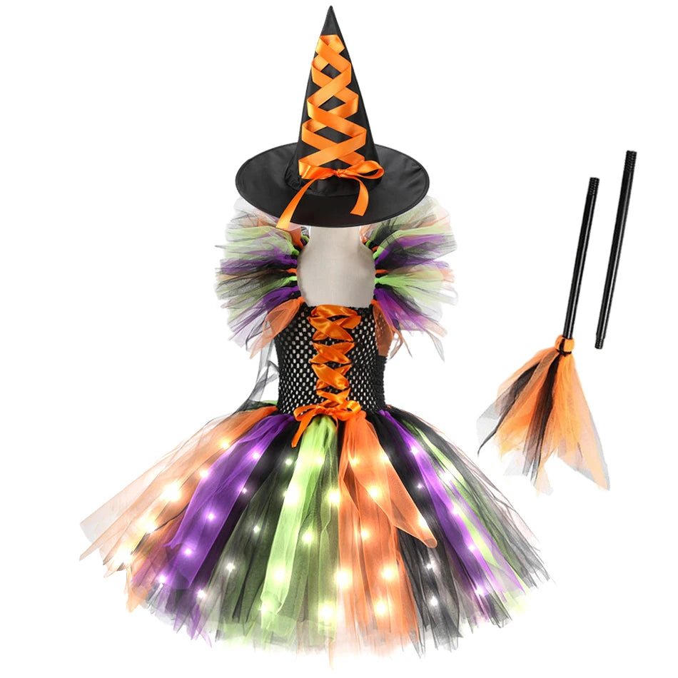 Halloween Girls Witch LED Dress Carnival Vestidos Party Dress Kids Cosplay Children Costume Festival Party Princess Dress