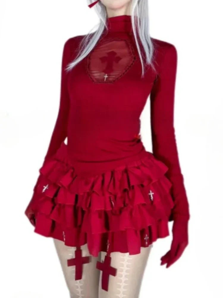 Women Y2k Clothing High Neck Dark Gothic Cross Hollow Slim Bottom Knitted Shirt Halloween Costume Long Sleeve Sexy T-shirt New