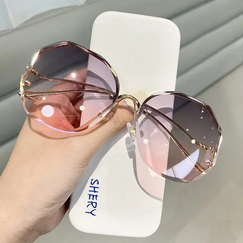 Irregular Round Sunglases Women Brand Designer Gradient Fashion Sun Glasses Female Rimless Metal Curved Temples Oculos De Sol