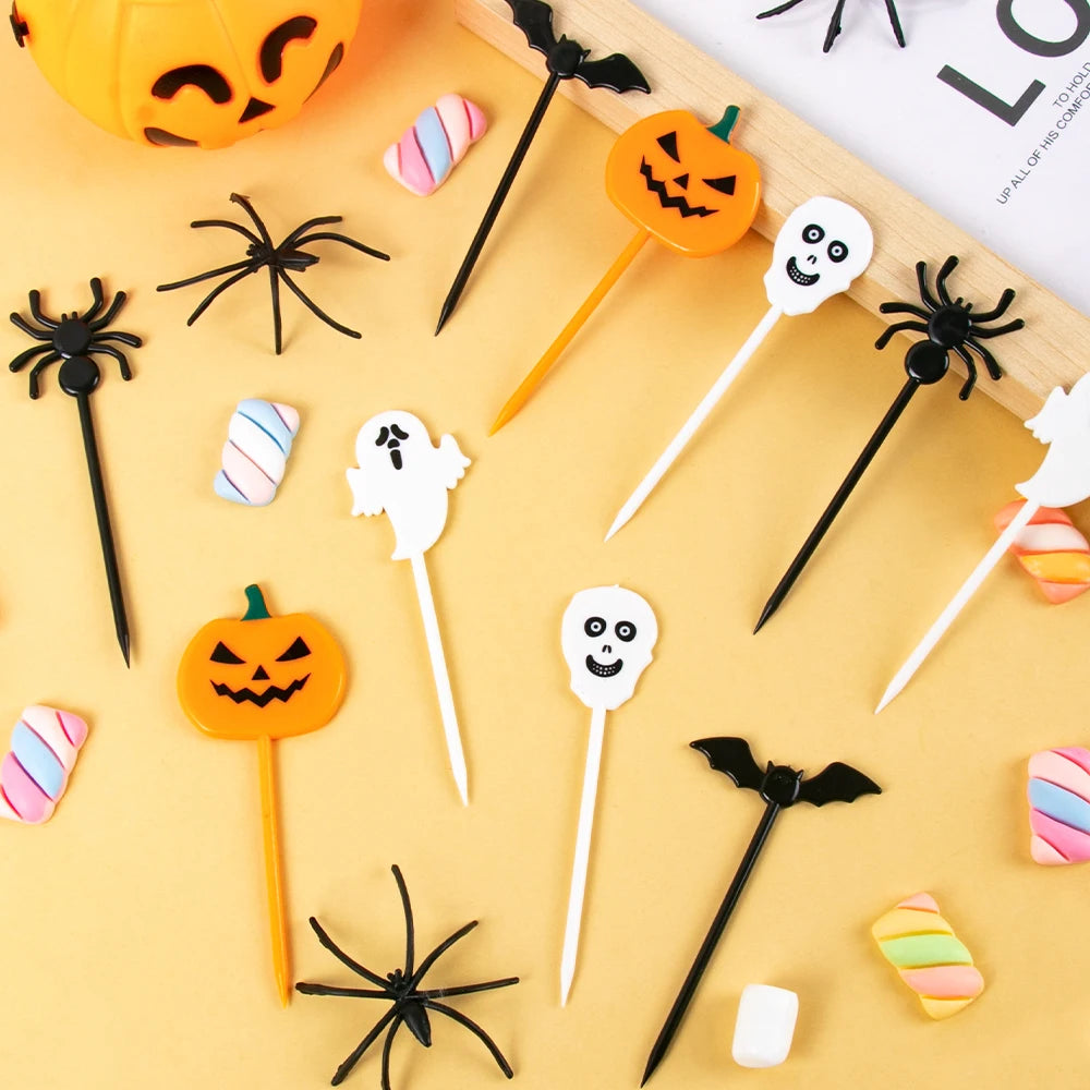 10-30pcs Plastic Halloween Toothpicks Pumpkin Ghost Bat Fruit Fork Dessert Cocktail Cake Decoration Picks Halloween party Supply