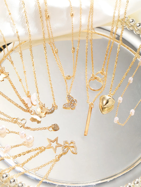 11 Pcs Women's Zircon Necklace Set Gold Color Fashion Love Heart Butterfly Pendant Hypoallergenic Neck Chain Boho Jewelry Gifts