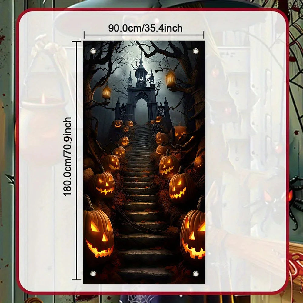 1pc2D flat Halloween theme background cloth banner, scary pumpkin head steps design, Halloween decoration,no power required——sjs