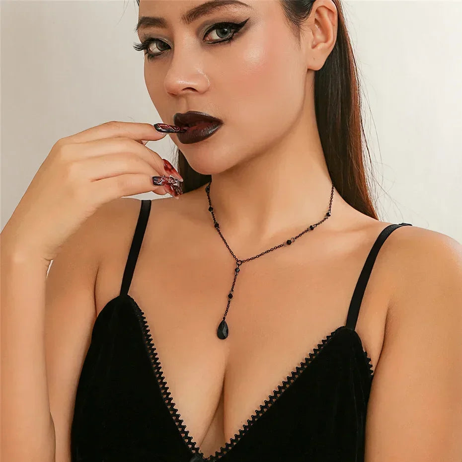 Black Water Drop Crystal Chest Chain Necklace for Women Collares Vintage Sexy Link Choker Y2K Halloween Jewelry Accessories