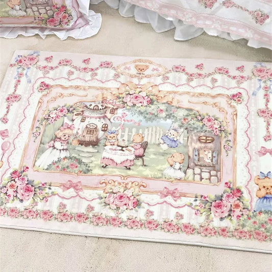 Plush Bedside Rugs for Bedroom, Vintage Carpet, Pink Doormat, Bear, Pastoral, Rose, Non-slip, Home Decoration