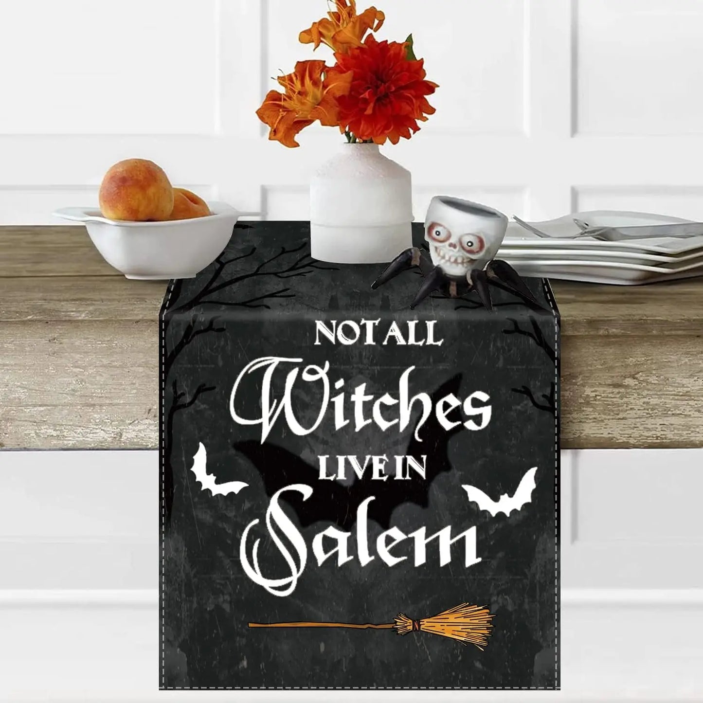 Halloween Bats Broom Not All Witches Live in Salem Holiday Runners Farmhouse Restaurant Home Kitchen Interiors