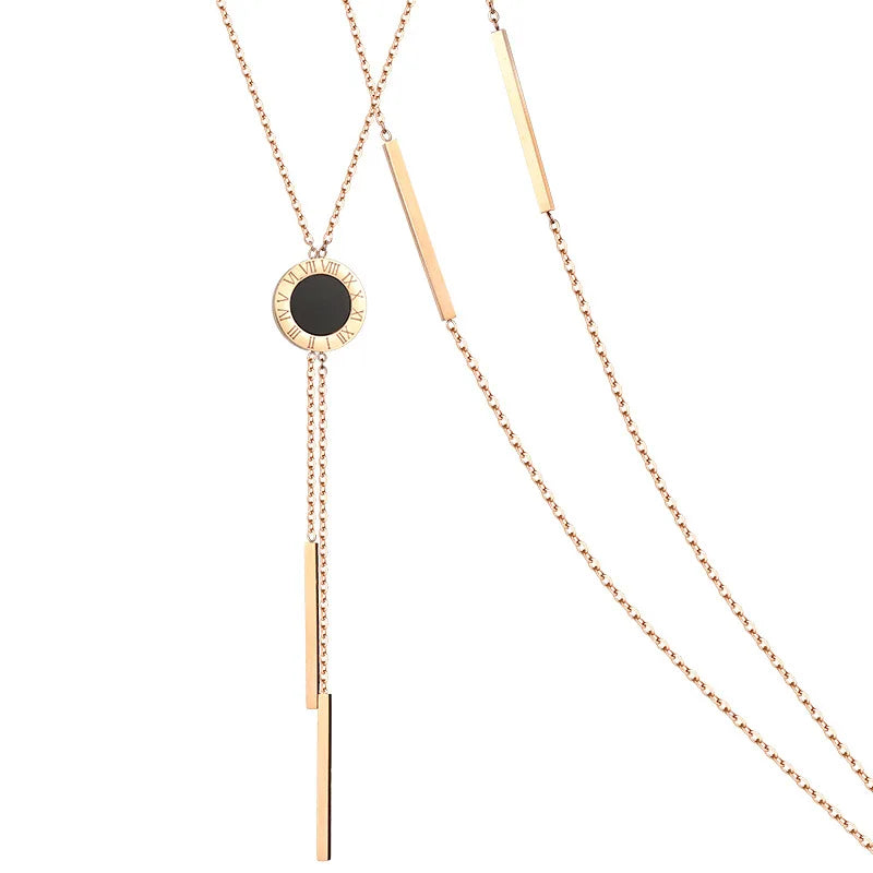 Roman Numeral Geometric Disc Tassel Pendant Necklace | Long Sweater Chain for Women