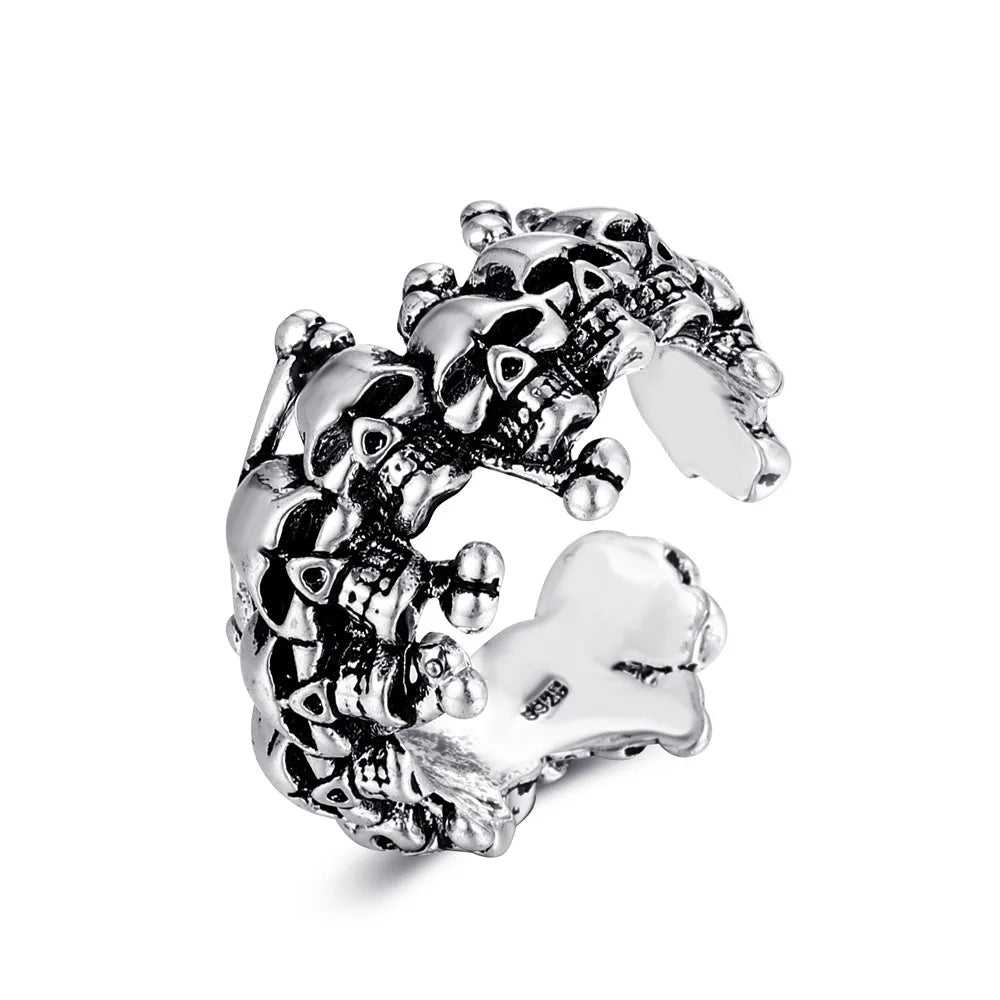 Dark Gothic Skull Skeleton Rings For Men Women Punk Goth Hiphop Rock Silver Color Adjustable Ring Fashion Jewelry Halloween