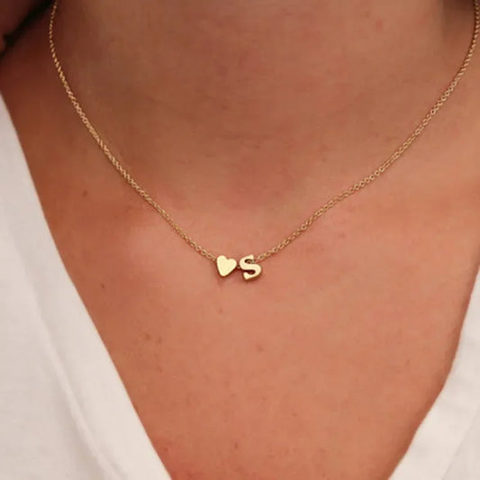Dainty Initial Letter Pendant Necklace with Heart Detail – Gold & Silver, A–Z
