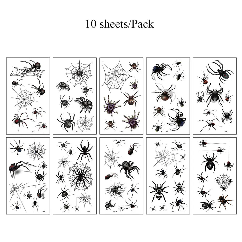 10Pcs Halloween Temporary Tattoo Stickers For Women Men Waterproof Spider Web Fake Tattoos For Face & Body Makeup
