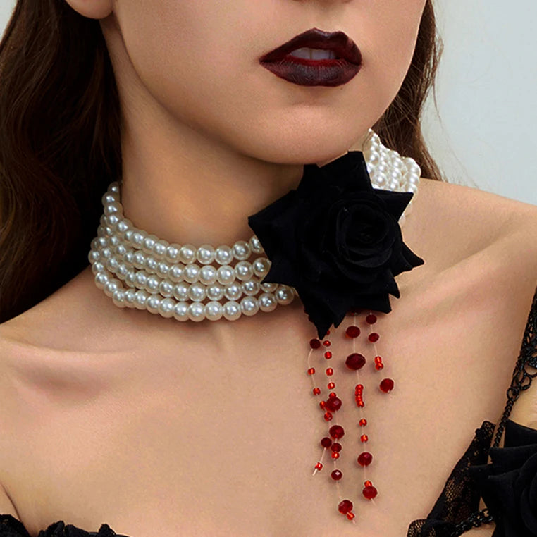 Ingemark Multilayer Imitation Pearl Rose Flower Clavicle Chain Necklace Women Goth Red Crystal Pendant Choker Halloween Jewelry