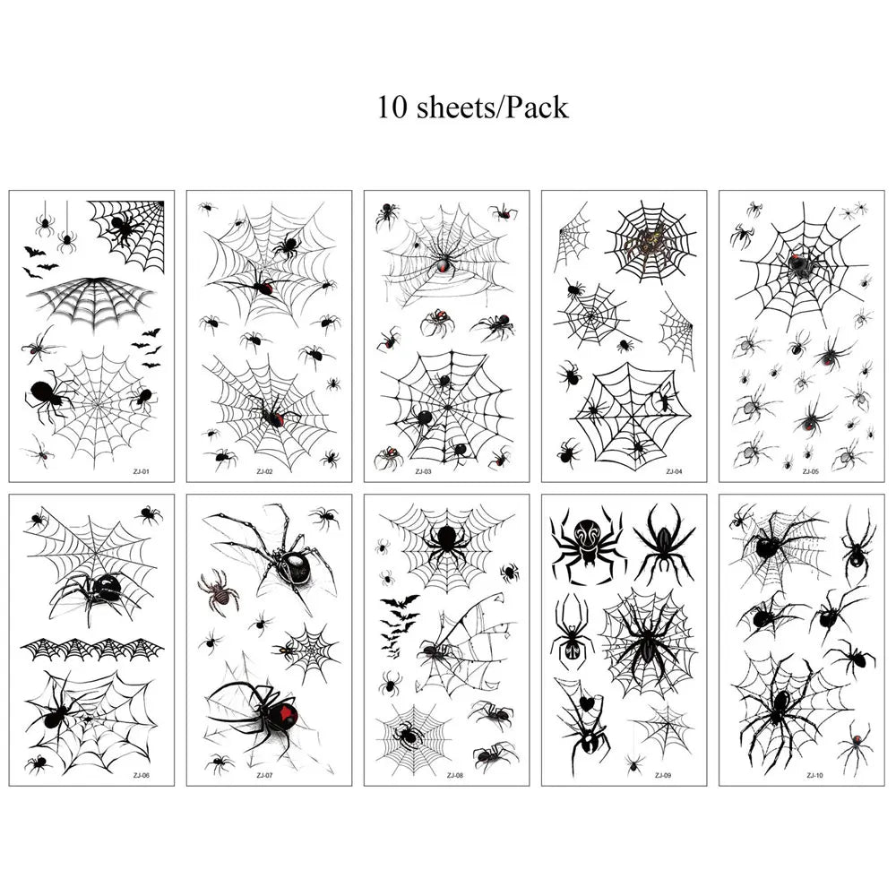 10Pcs Halloween Temporary Tattoo Stickers For Women Men Waterproof Spider Web Fake Tattoos For Face & Body Makeup
