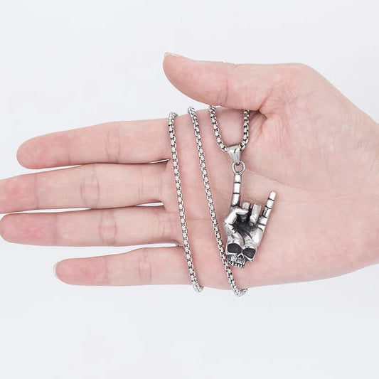 Punk Rock Love You Gesture Pendant Necklace For Men Vintage Silver Color Stainless Steel Chain Hip Hop Skull Neck Jewelry Gifts