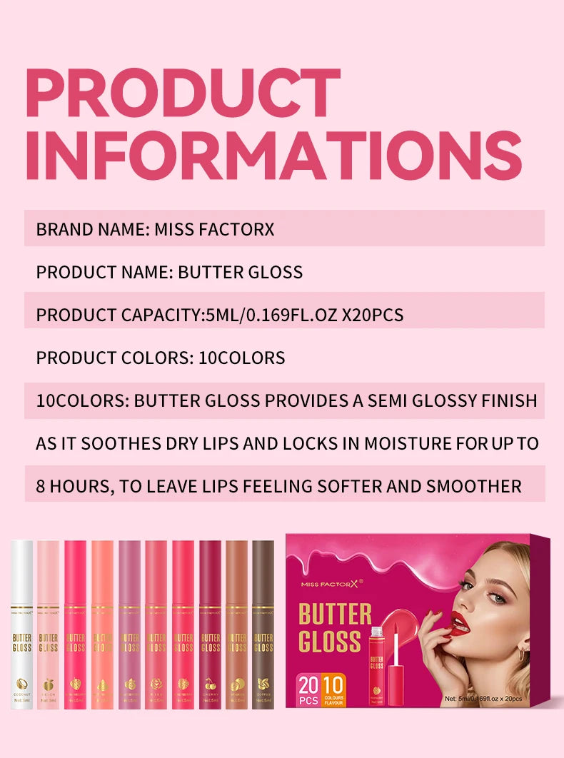 20pcs/box of 10 color moisturizing lip gloss - Long lasting moisturizing, glossy effect, essential for beauty care
