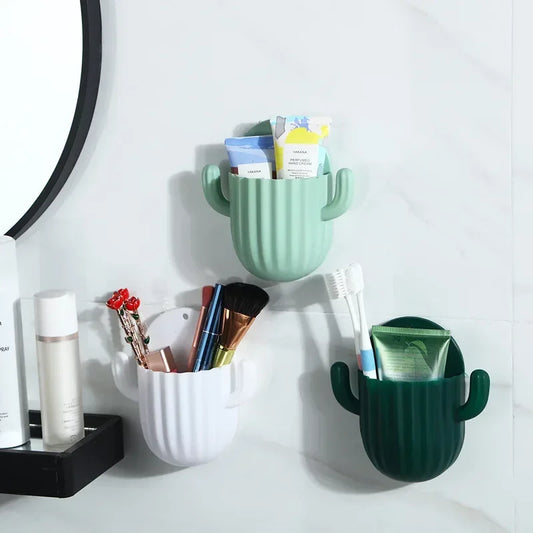 Cactus Toothbrush Holder | Wall-Mounted Bathroom Organizer | No Drilling