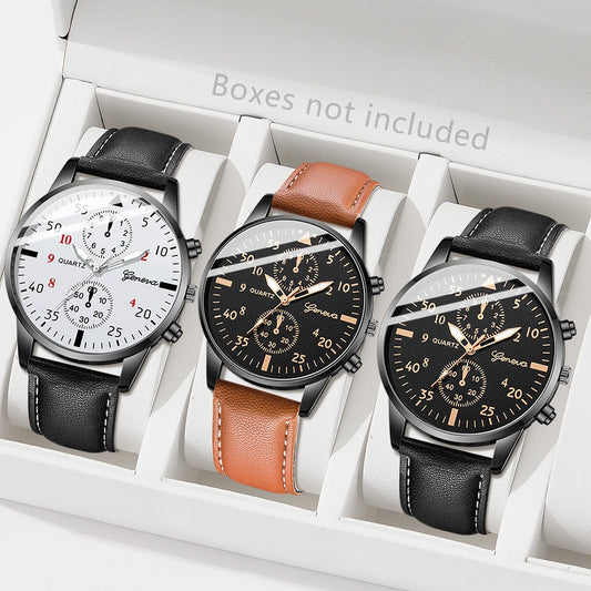 Men's 3-Piece Retro Leather Strap Quartz Watch Set – Classic Round Dial, Black & Brown