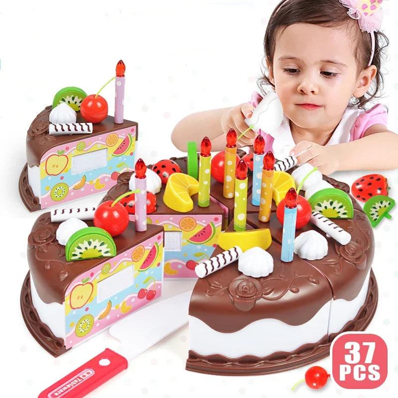 Kids Toy Simulation DIY Birthday Cake Model Kitchen Pretend Play House Cutting Fruit Food Toy for Toddler Children Gift Boy Girl