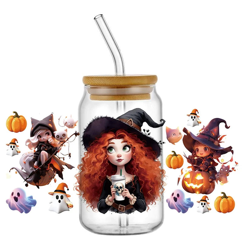 Miniso Halloween Stitch Mixed Cartoon Pattern Transfer Stickers Waterproof UV DTF Cup Wraps 3D Wrap Decal For 16oz Libbey Glass