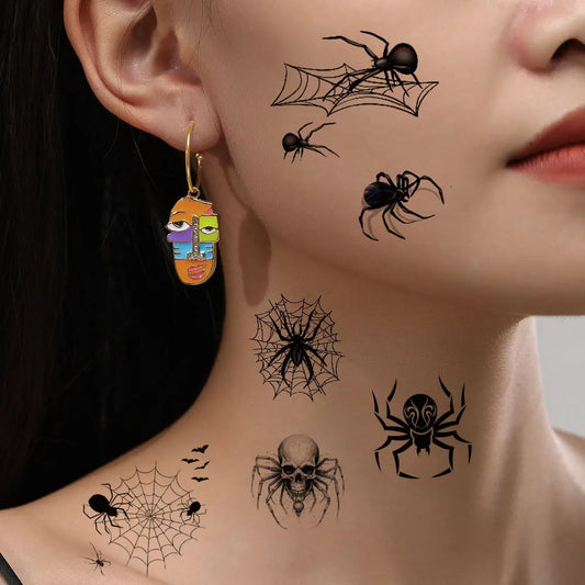 10Pcs Halloween Temporary Tattoo Stickers For Women Men Waterproof Spider Web Fake Tattoos For Face & Body Makeup
