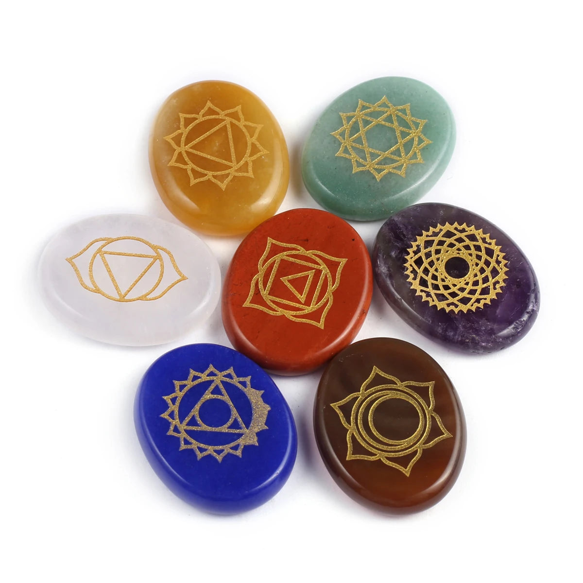 Set of 7 Pieces Natural Stones Pendulum Reiki Healing Stones Engraved Seven Chakra Symbols Reiki Healing Gems