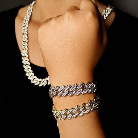 14mm Iced Out Miami Cuban Link Chain – Double Row Rhinestone Necklace & Bracelet in Gold & Silver