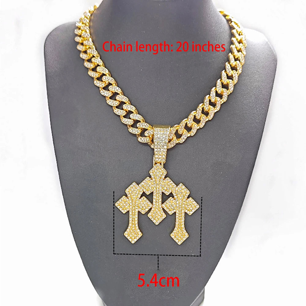 New Iced Out Stacked Crosses Pendant Necklaces for Men With 13mm Cuban Chain Hip Hop Cross Rhinestone Jewelry pendant Gift