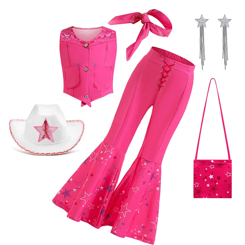 2PCS Pink Top+Trousers Suit with Hat Bag 2025 Girls Margot Robbie Barbi Dress Kids Carnival Halloween Cospaly Clothes Ball Gown