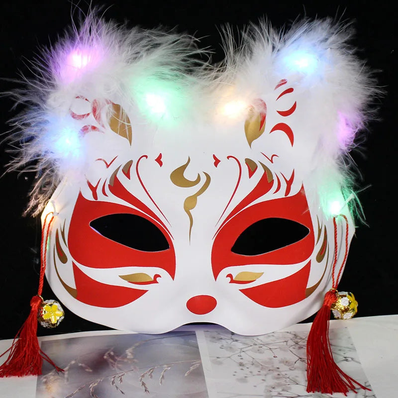 Luminous Led Mask Japanese Foxes Mask Rave Costume Anime Half Face Cat Masks Masquerade Festival Halloween Party Cosplay Props