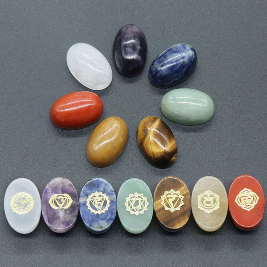 Set of 7 Pieces Natural Stones Pendulum Reiki Healing Stones Engraved Seven Chakra Symbols Reiki Healing Gems