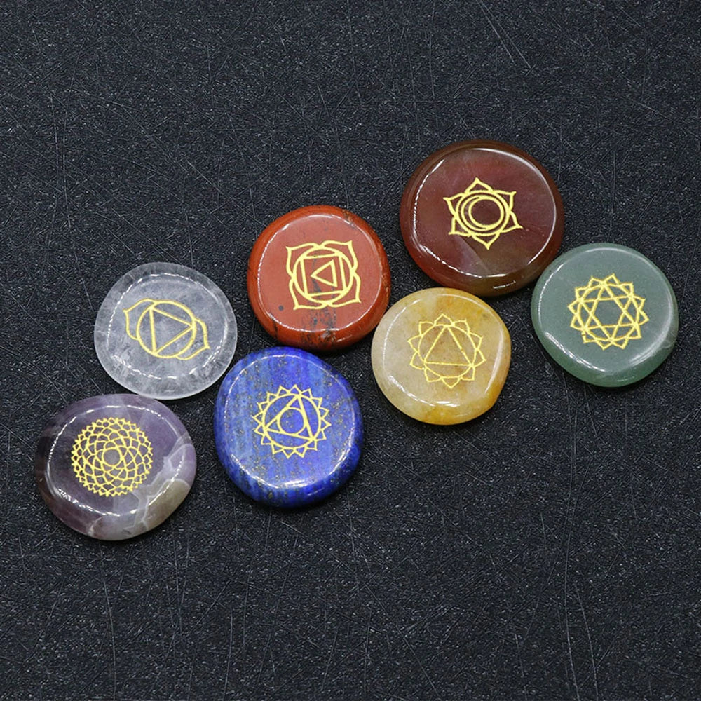 Set of 7 Pieces Natural Stones Pendulum Reiki Healing Stones Engraved Seven Chakra Symbols Reiki Healing Gems