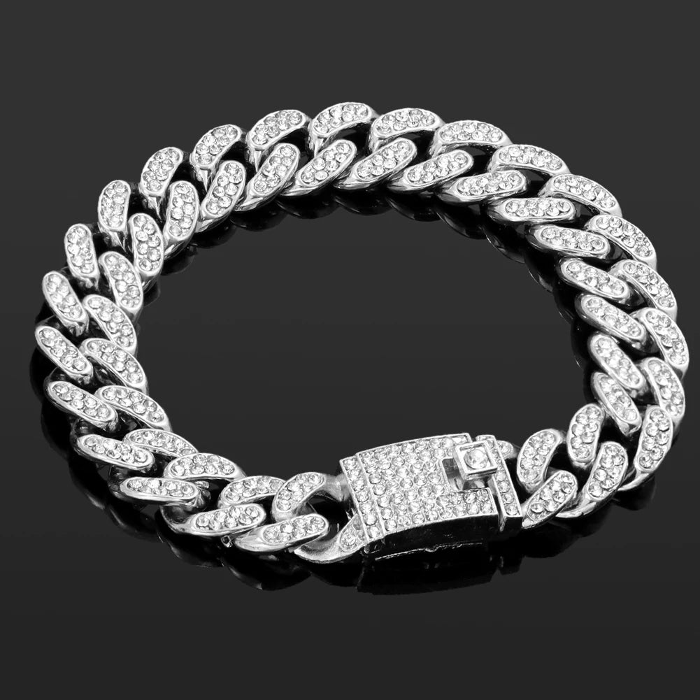 4Pcs Iced Out Chain Cuban Bracelet for Women Men Hip Hop Gold Silver Color Full Rhinestone Heart Circle Square Bracelet Jewelry