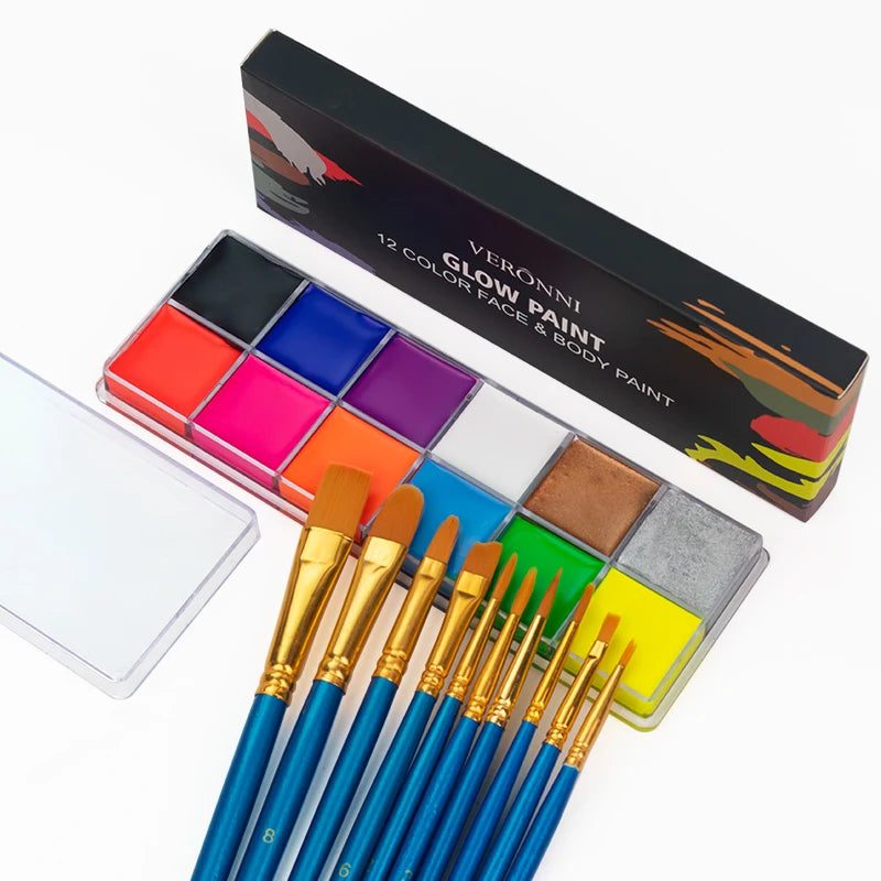 12 Cores UV Glow Paint Fluorescent Neon Oil Face Body Cosmetic Palette for Halloween Party Paint Fancy Dress Kid Cosplay Makeup