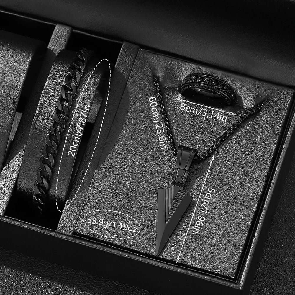 4PCS Black Men's Watch Set Business Trend Versatile Roman Digital Scale Quartz Watch Bracelet Necklace Ring Set Perfect Gift Set