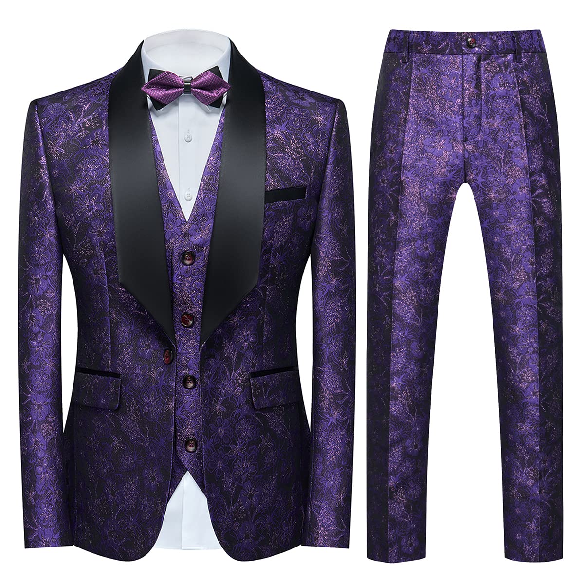 Tuxedo Suits for Men 3 Piece Regular Fit Suit Floral Pattern Blazer Jacket Waistcoat Pants Men Suit Set for Wedding Purple