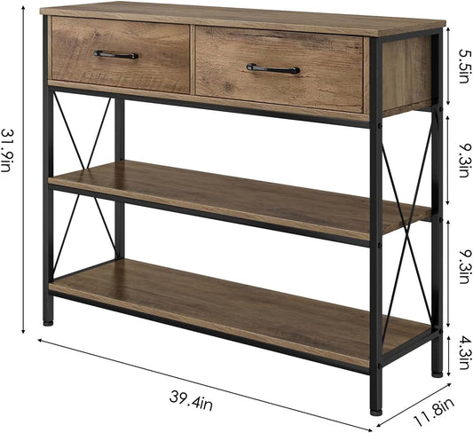 Rustic Brown Industrial Console Table With Storage Shelves