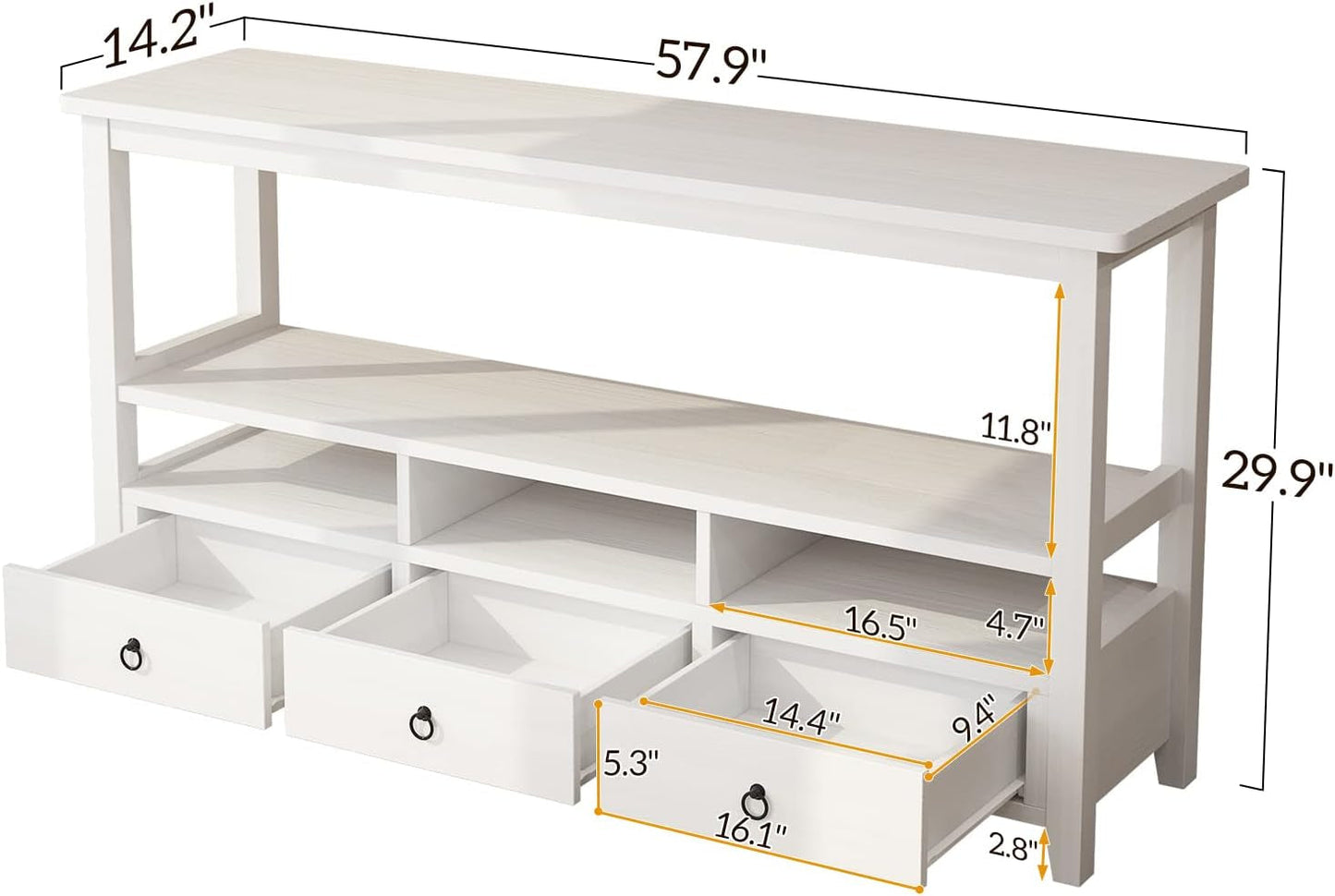 Vintage White Console Table With Storage Drawers And Shelves