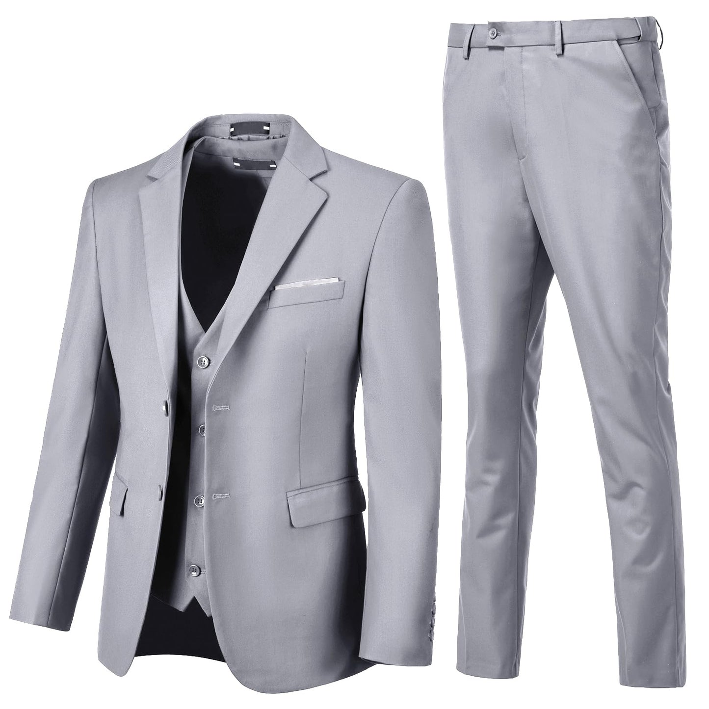 Mens Suits Slim Fit Set Light Grey Tuxedo for Men 3 Piece Wedding Groomsmen Suit for Graduation Prom Solid Blazer Jacket Big and Tall Set3XL