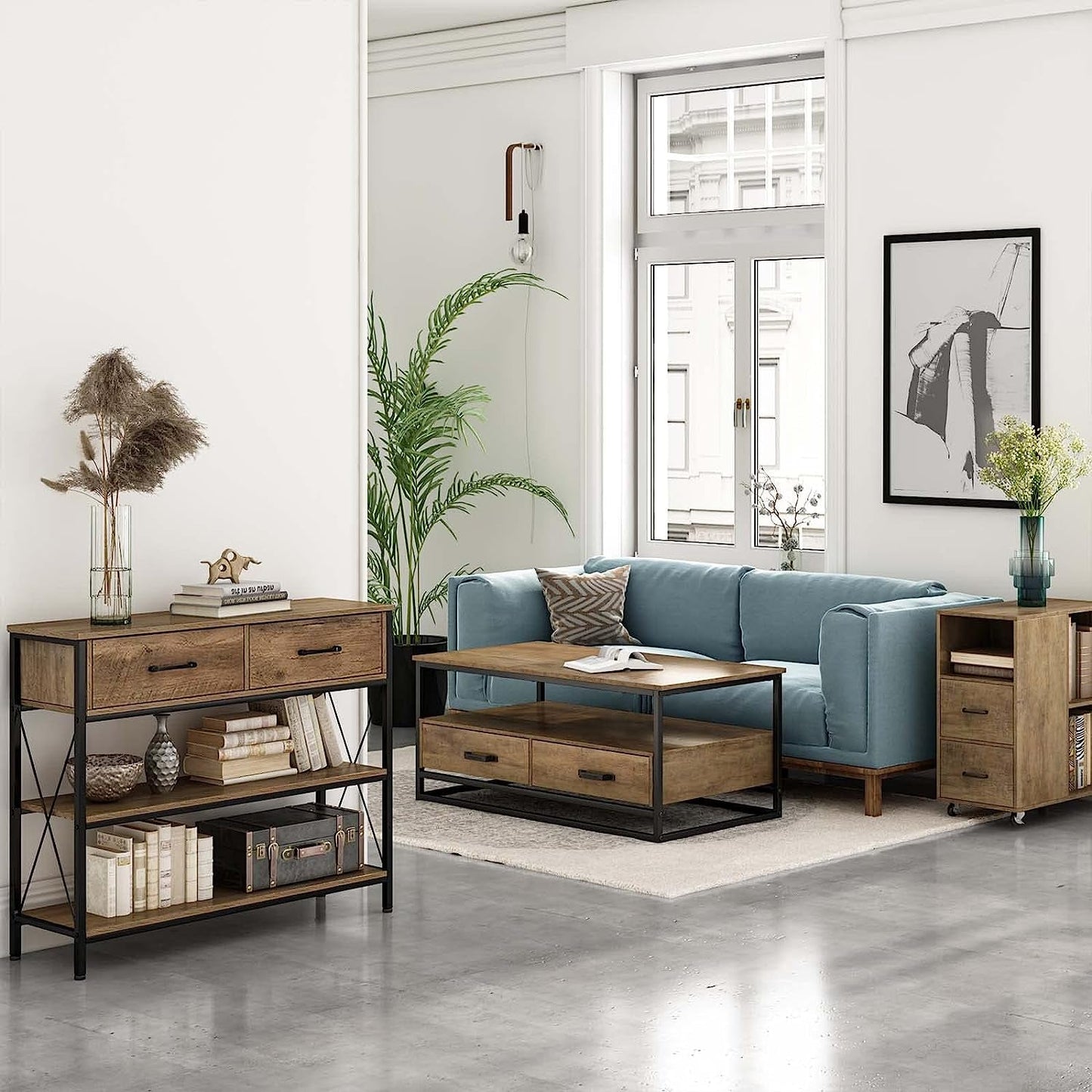 Rustic Brown Industrial Console Table With Storage Shelves