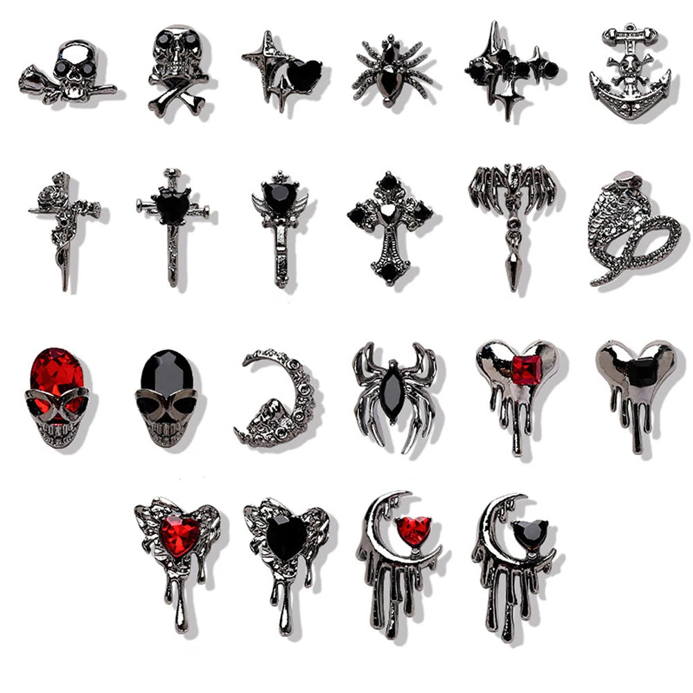 10PCS Gothic Punk Style Alloy 3D Nail Art Charms Heart Skeleton Cross Spider Design For Halloween Nails Decoration Accessories