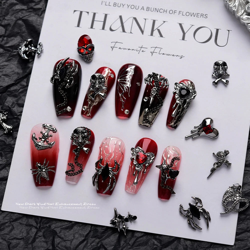 10PCS Gothic Punk Style Alloy 3D Nail Art Charms Heart Skeleton Cross Spider Design For Halloween Nails Decoration Accessories