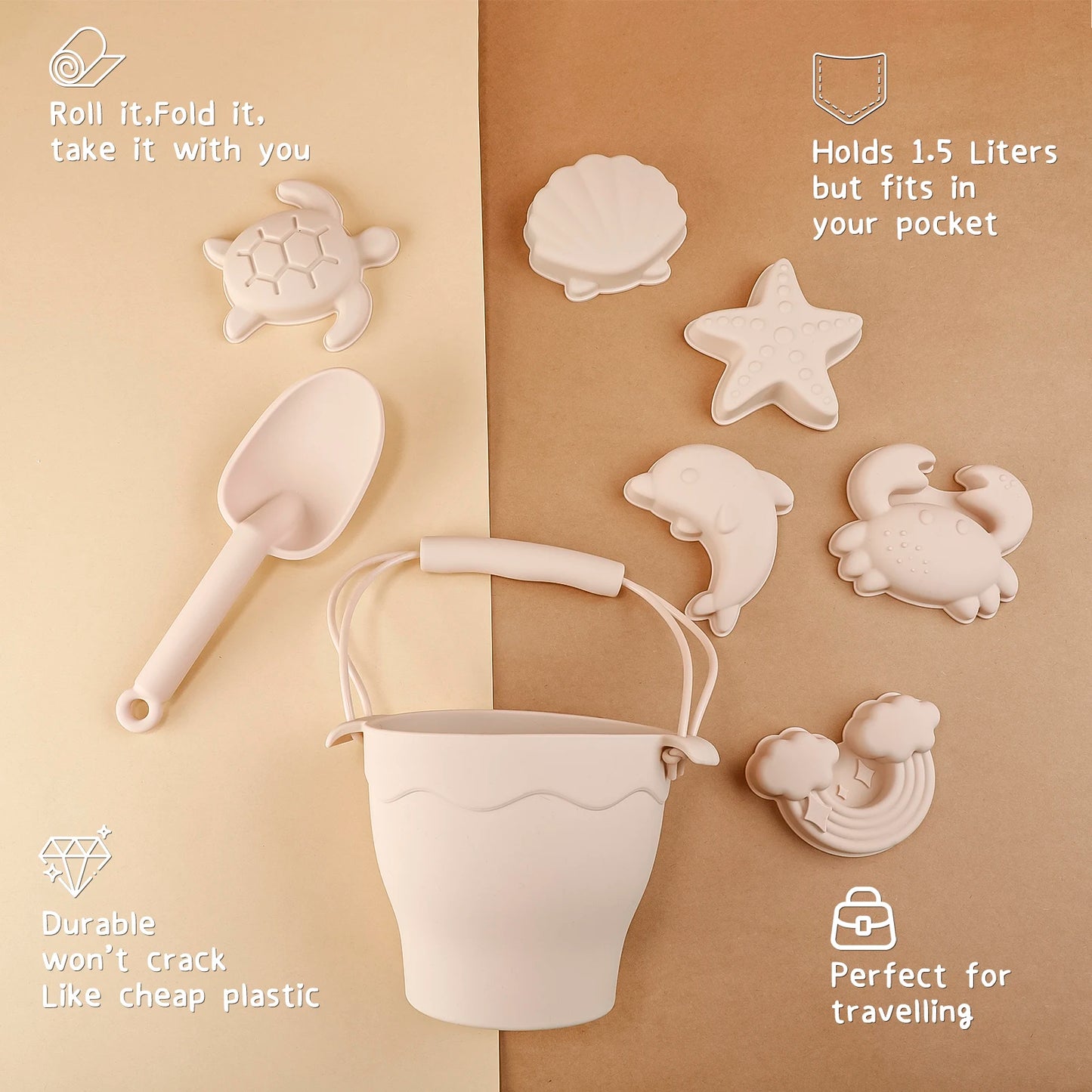 TYRY.HU 8pcs/set Children Toys Silicone Beach Toy Set with Bucket and Six Accessories Fun Outdoor Play Sand for Kids